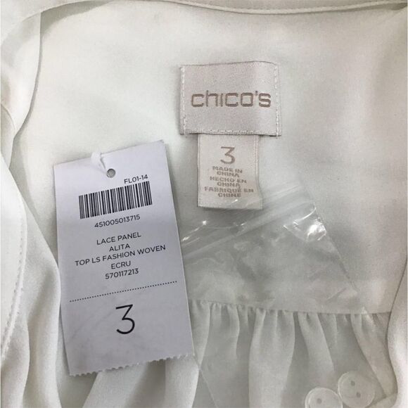 CHICO’S White Satin Alita Lace Panel Blouse New Long Sleeve Button Up Size 3 - Picture 6 of 8